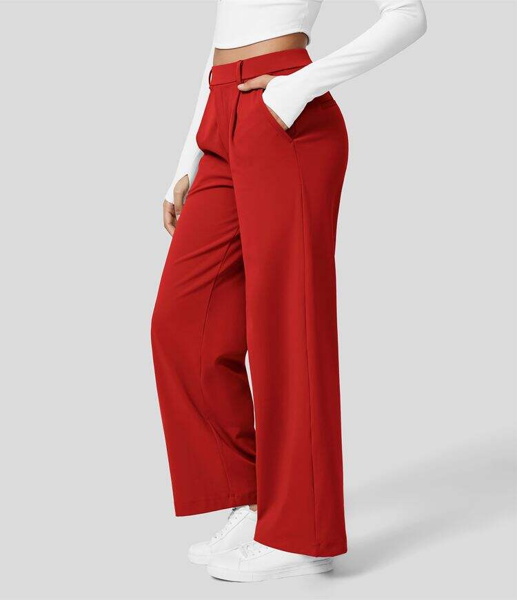 High Waisted Plicated Side Pocket Straight Leg Work Pants