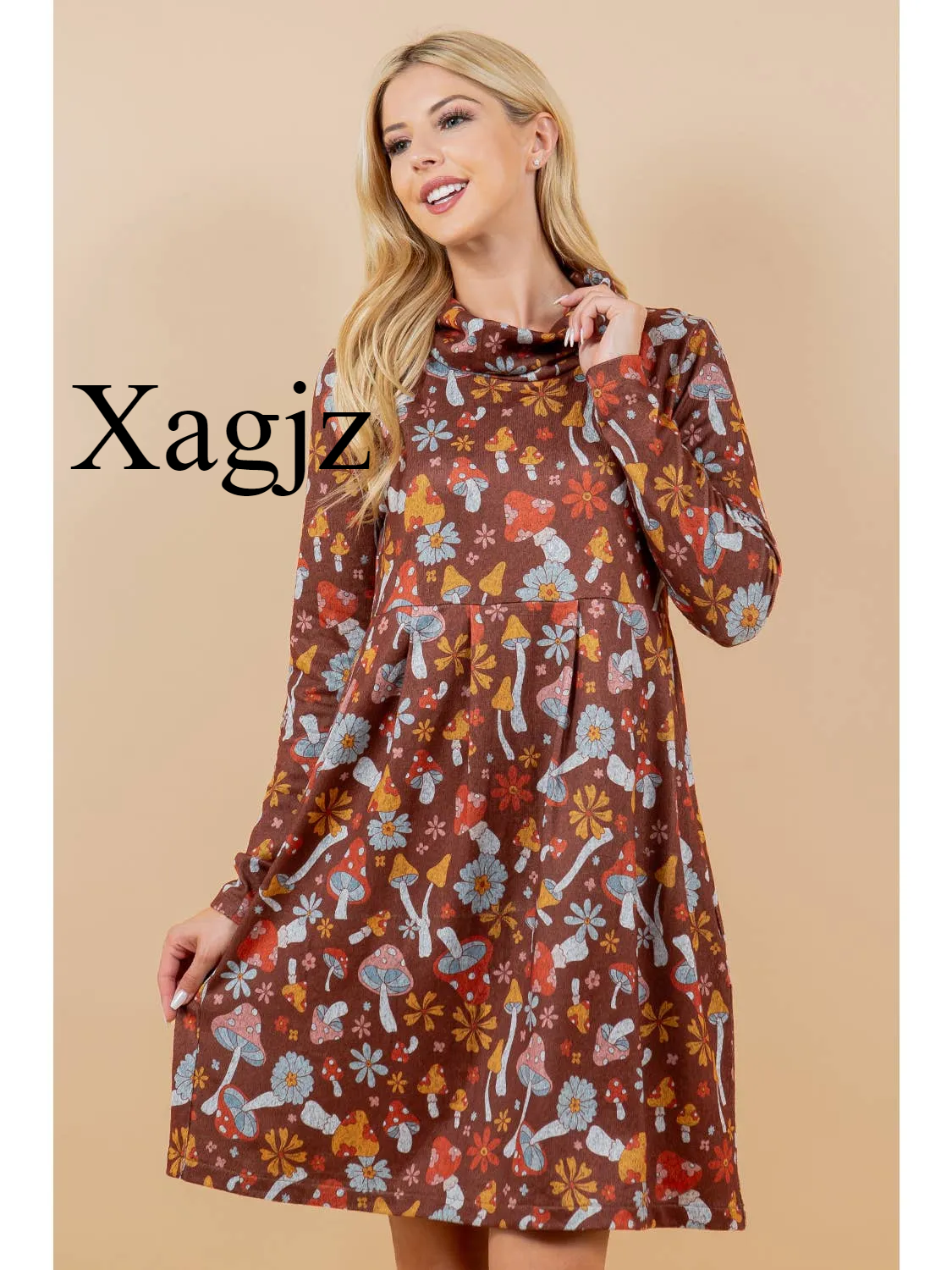 Brushed Hacci Hippy Mushroom Print Tunic Dress