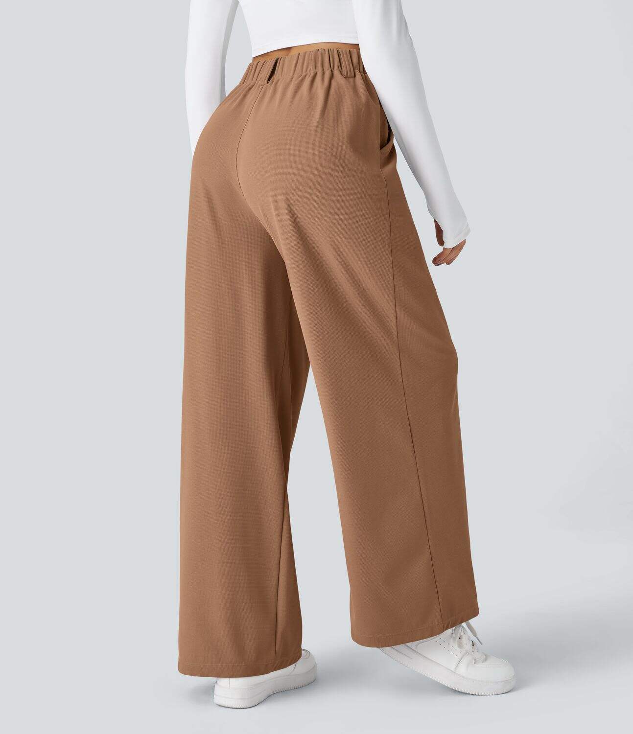 High Waisted Plicated Side Pocket Wide Leg Waffle Work Pants