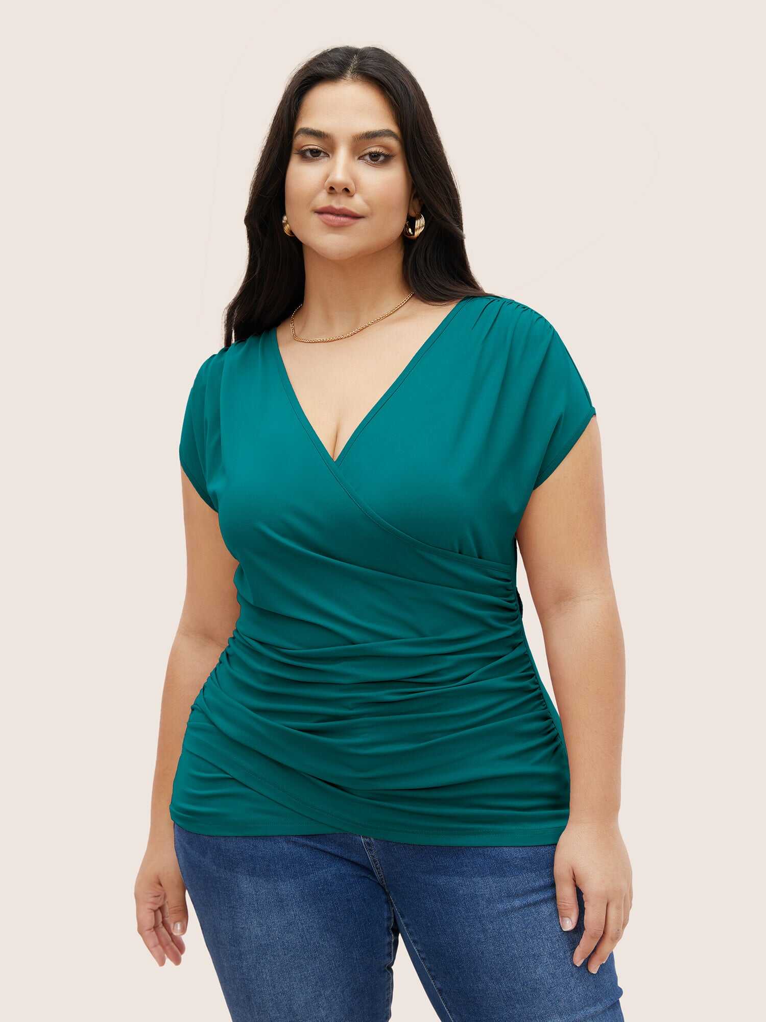 Plain Ruched Overlap Collar Dolman Sleeve Knit Top
