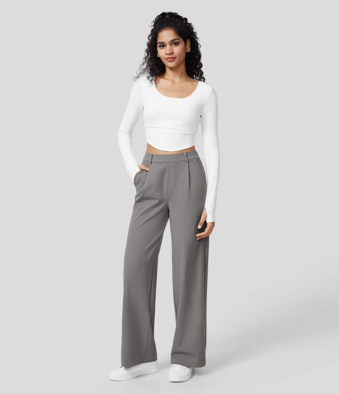 High Waisted Plicated Side Pocket Straight Leg Work Pants