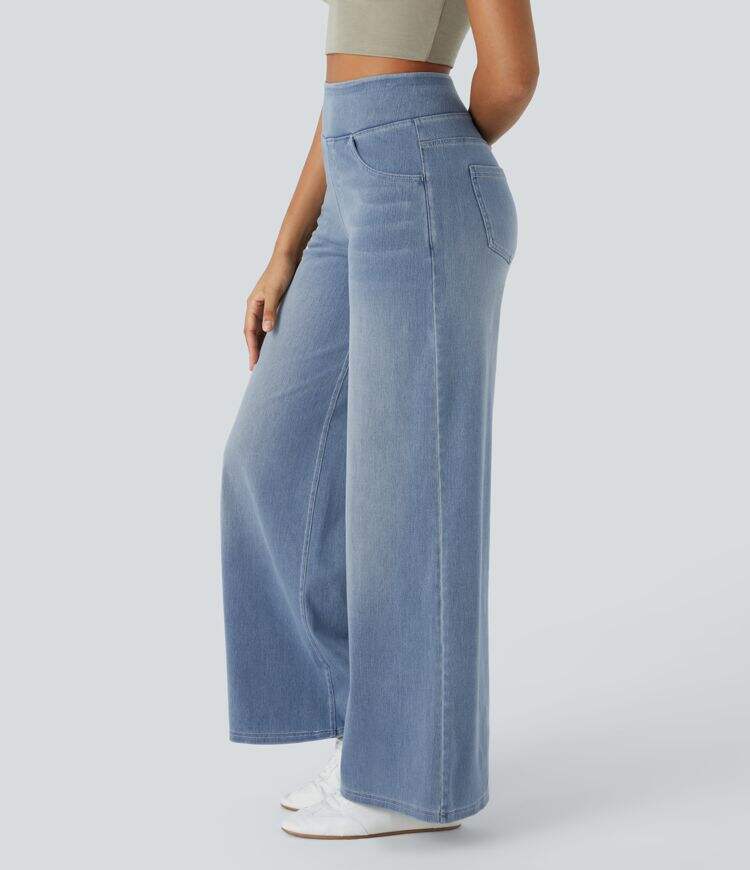 High Waisted Multiple Pockets Wide Leg Washed Stretchy Knit Casual Jeans