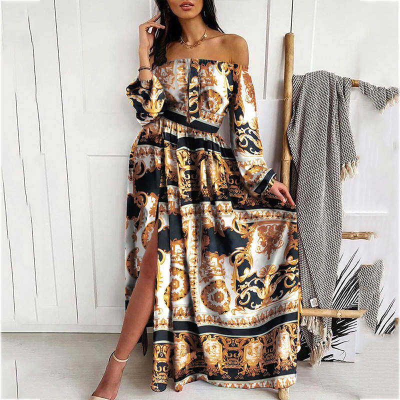 V-neck pulower vintage sukienka maxi z długim rękawem