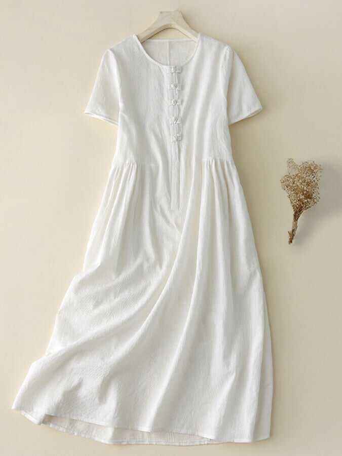 Ethnic Style Jacquard Retro Button Loose Cotton Linen Dress