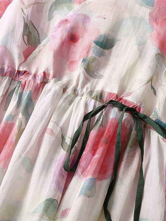 Cotton Linen Pink Printed Loose And Thin V-Neck Long Skirt With Pockets