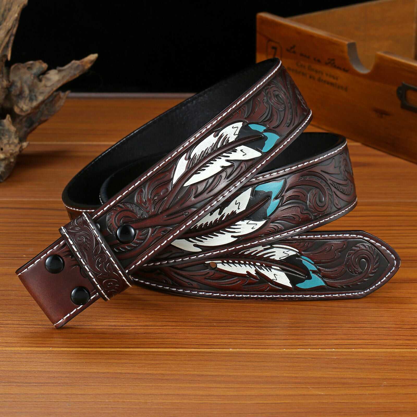 Men's Vintage Genuine Leather Punk Style Embossed Feather Snap Belt MTA0850E9U