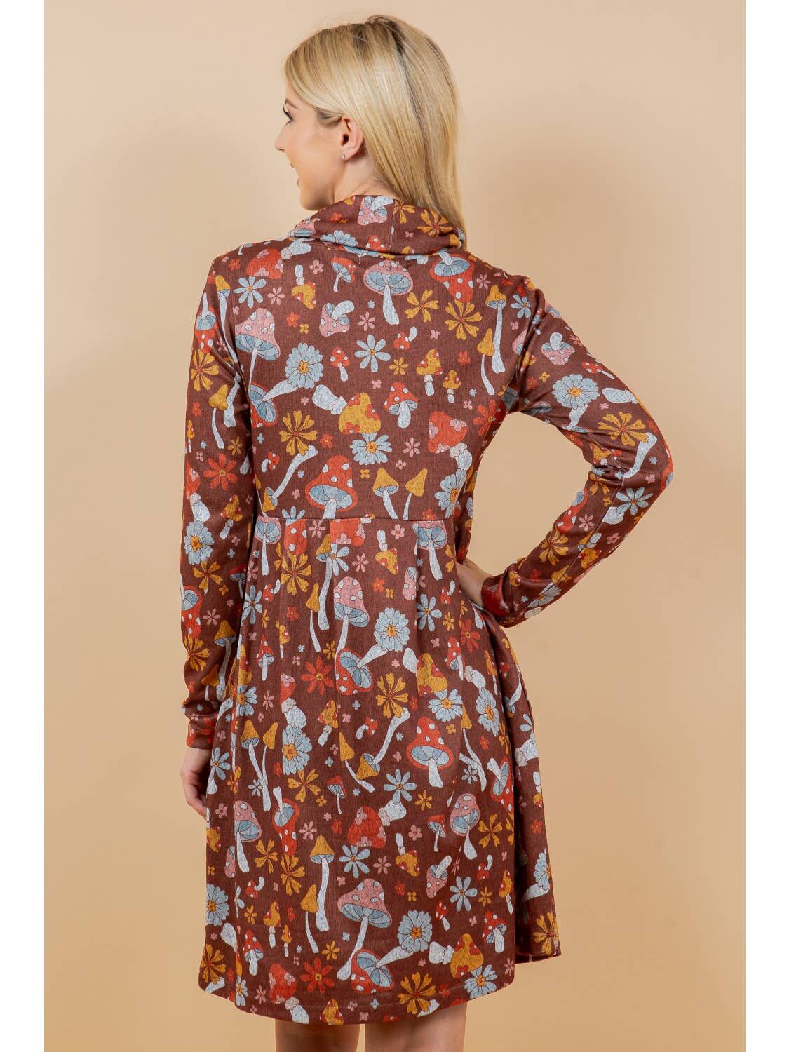 Brushed Hacci Hippy Mushroom Print Tunic Dress