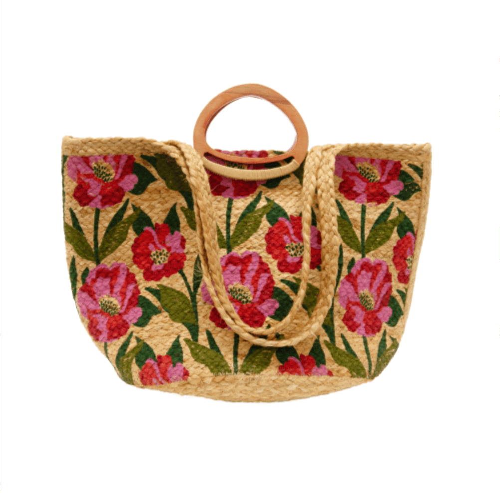 Poppy Painted Nell Wood Handle Jute Tote Bag