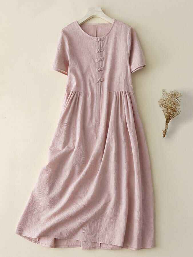 Ethnic Style Jacquard Retro Button Loose Cotton Linen Dress