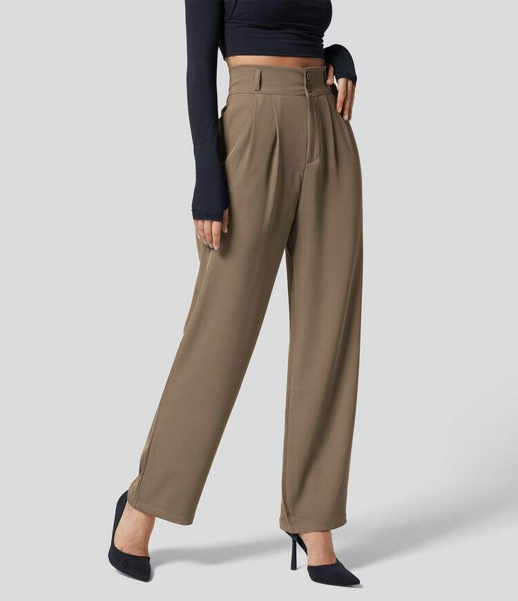 High Waisted Button Zipper Plicated Side Pocket Shirred Straight Leg Work Pants
