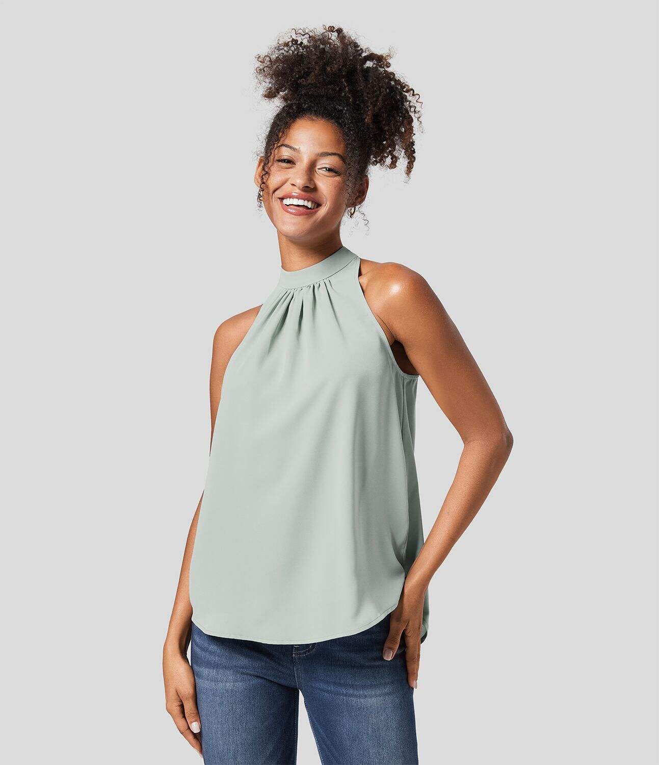 Keyhole Back Halter Plicated Sleeveless Curved Hem Work Blouse