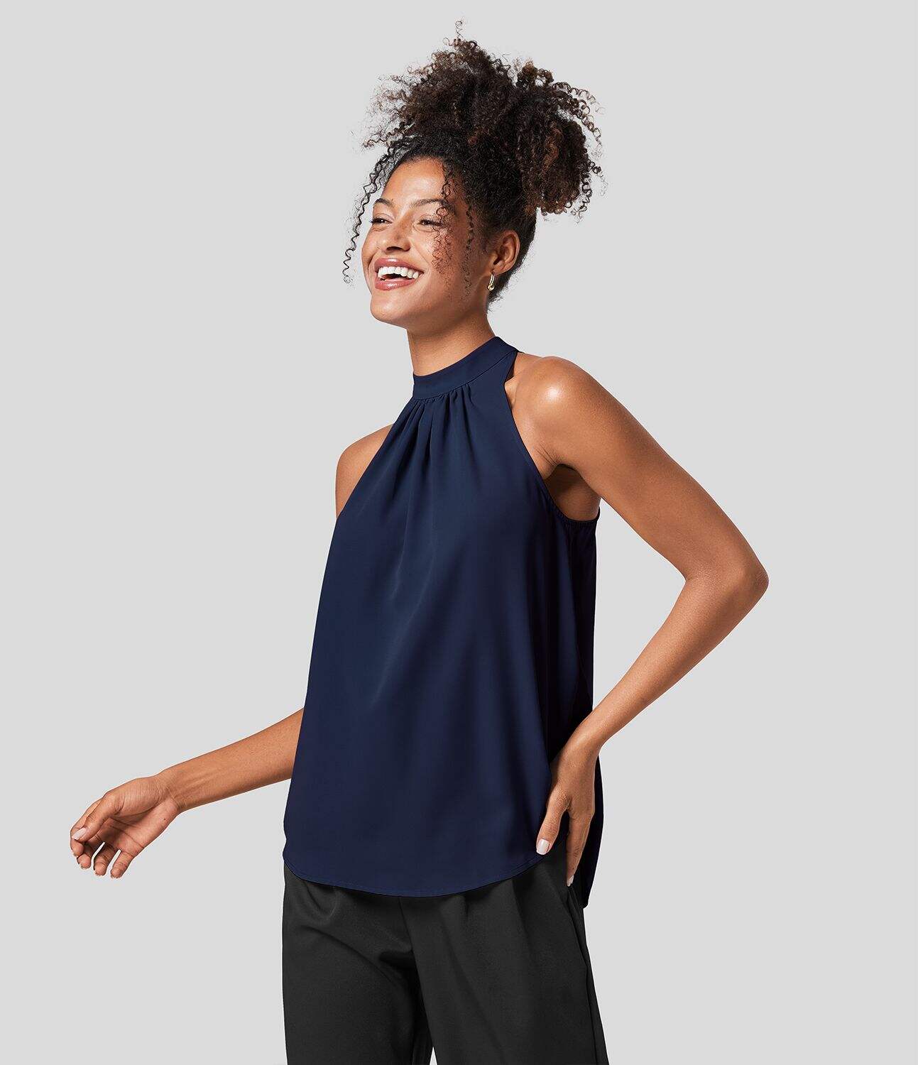 Keyhole Back Halter Plicated Sleeveless Curved Hem Work Blouse