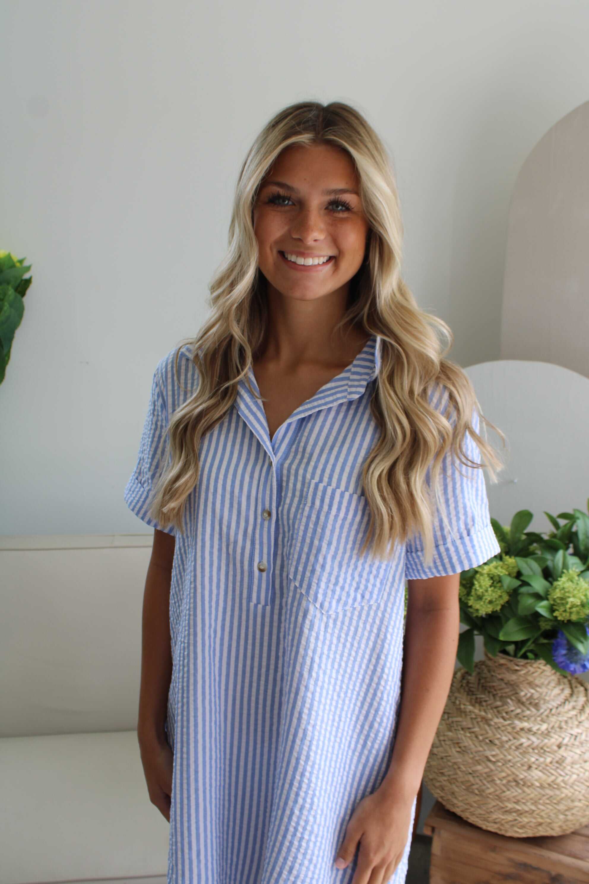 Effortless Afternoons Seersucker Shirt Dress • Blue