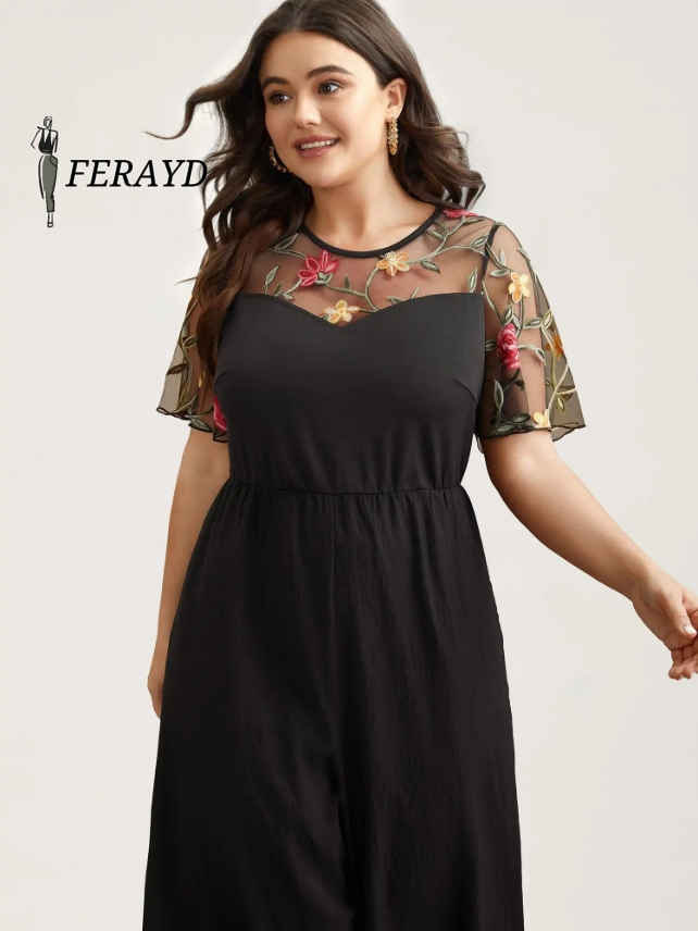 Floral Mesh Embroidered Flared Jumpsuit