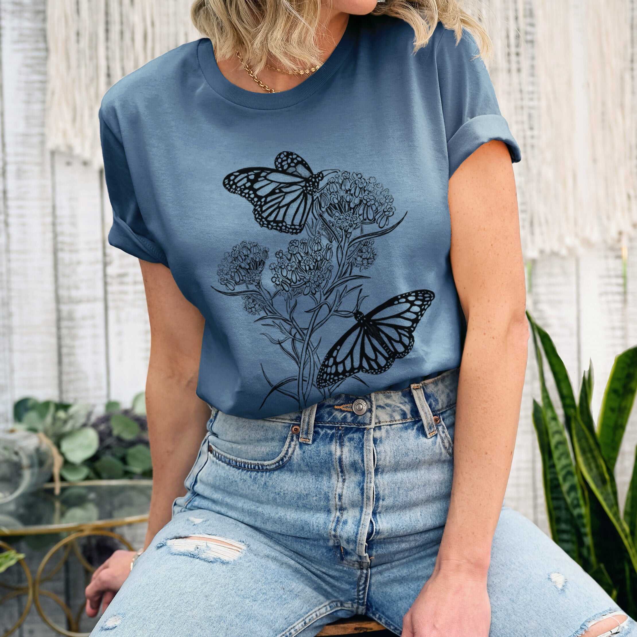Narrowleaf Milkweed with Monarchs - Lightweight 100% Cotton Unisex Crewneck