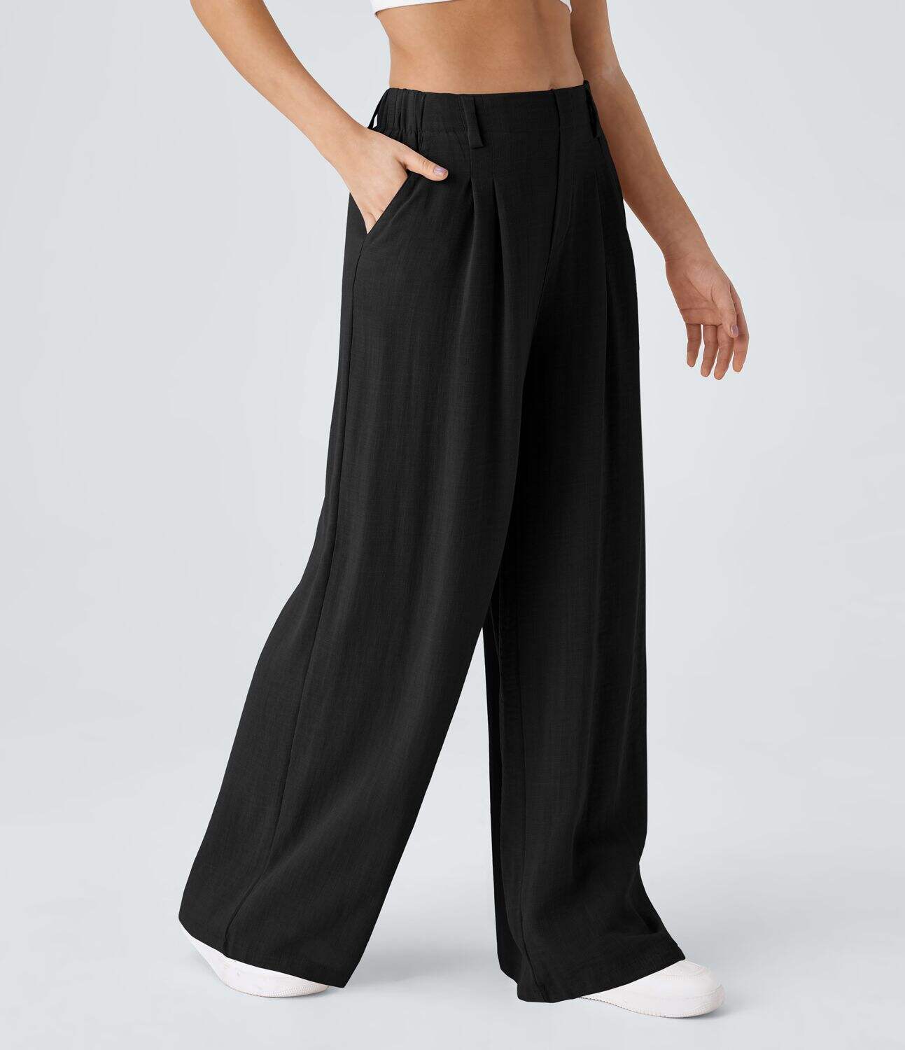 High Waisted Plicated Side Pocket Wide Leg Flowy Solid Palazzo Casual Linen-Feel Pants