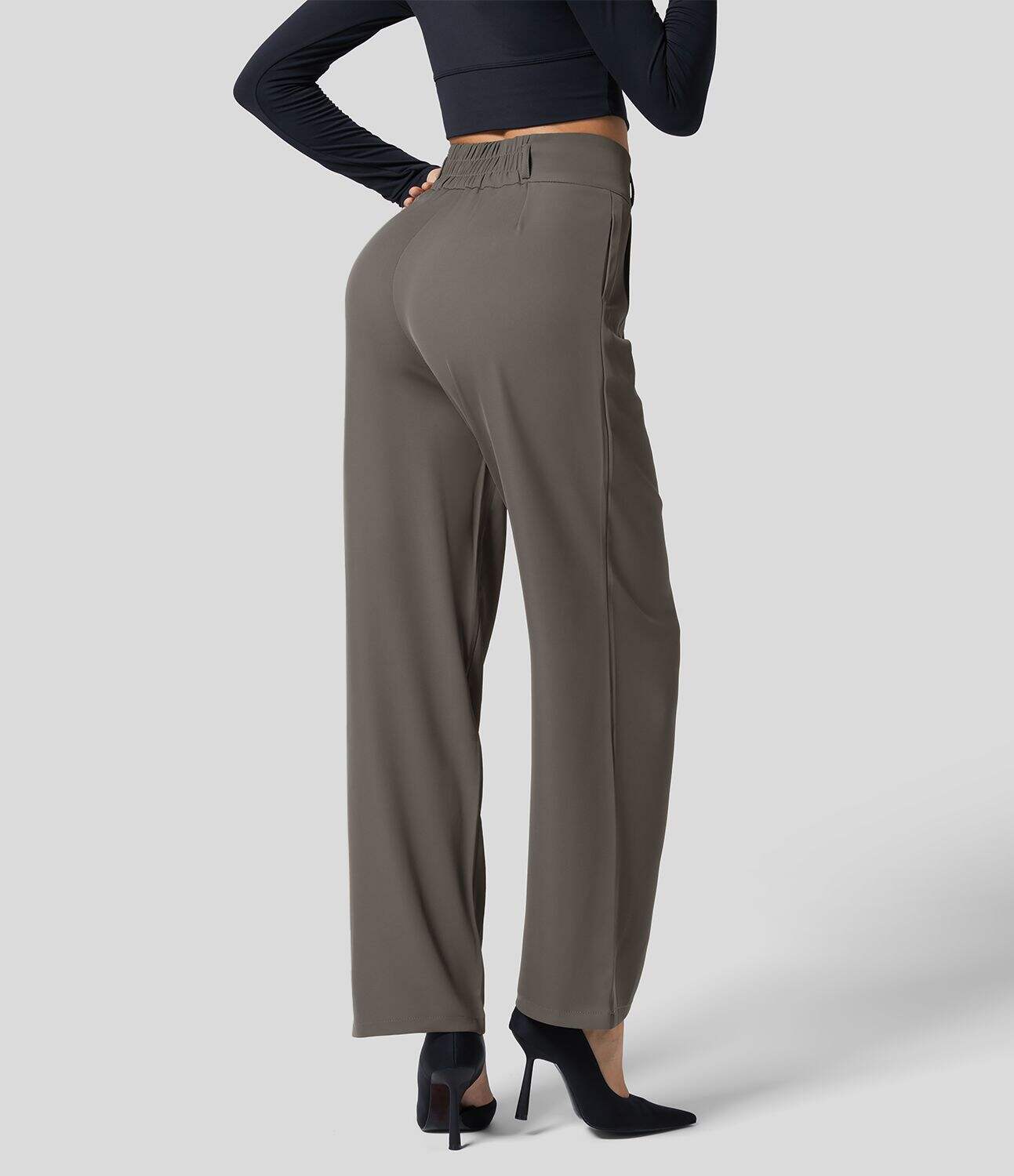 High Waisted Button Zipper Plicated Side Pocket Shirred Straight Leg Work Pants