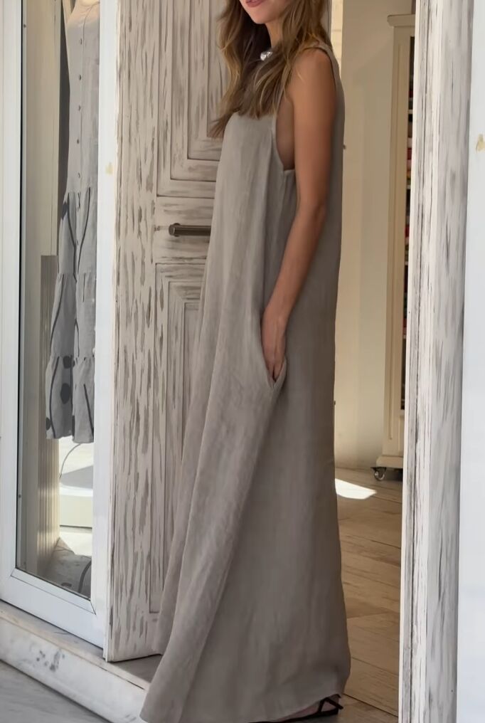 Casual cotton and linen long dress with pockets