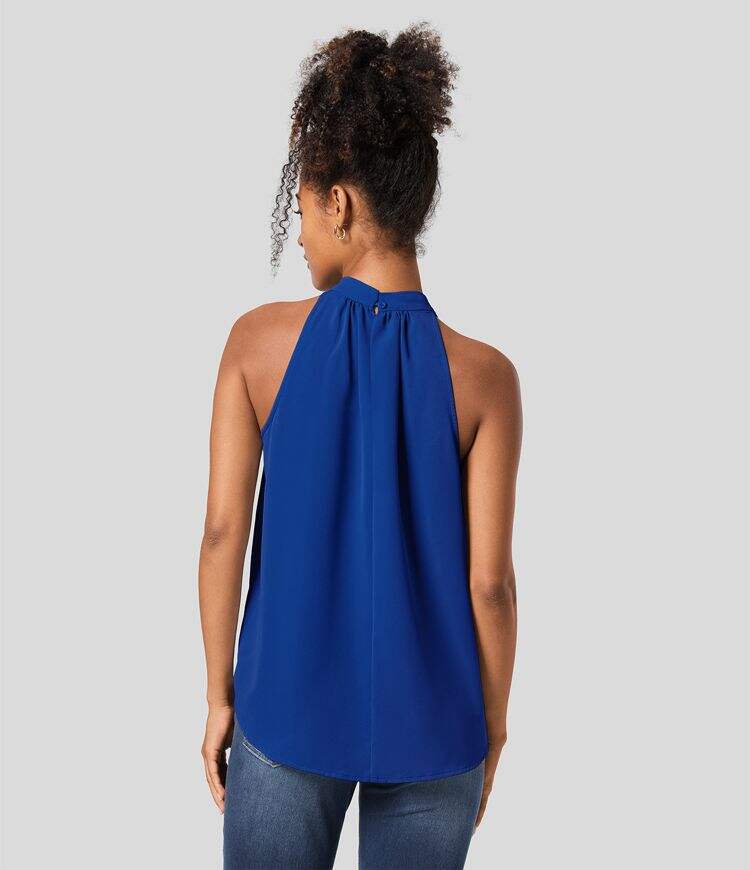 Keyhole Back Halter Plicated Sleeveless Curved Hem Work Blouse