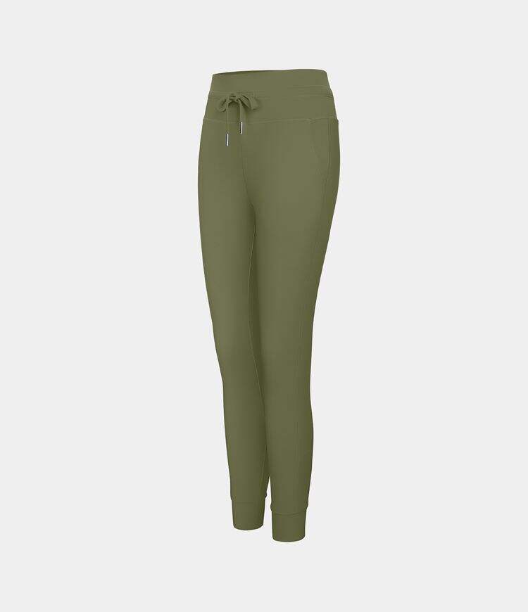 Airy High Waisted Drawstring Side Pocket Plain Cool Touch Full Length Joggers-UPF50+