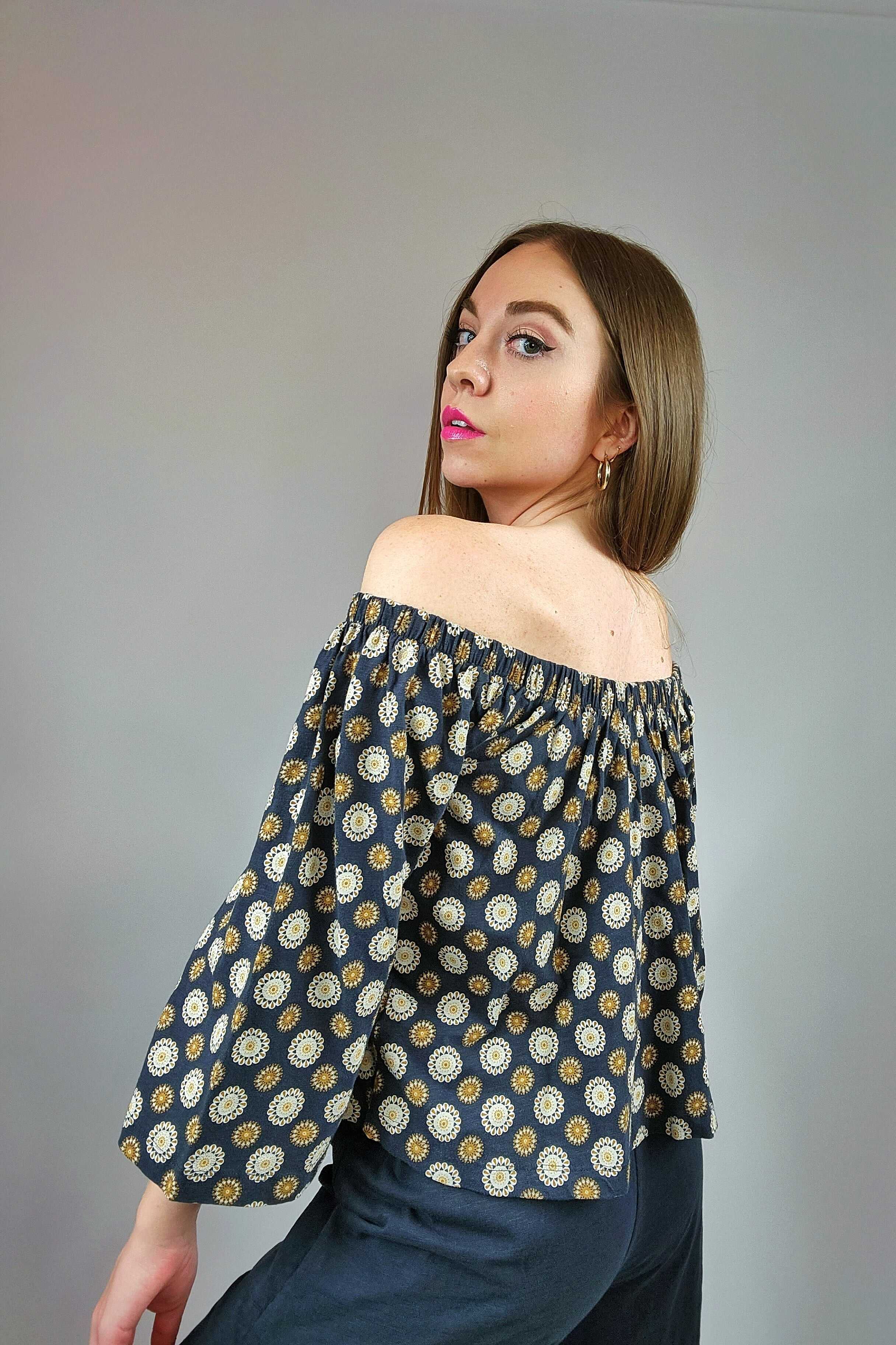 Printed Off the Shoulder Bell Sleeve Knit Top - SALE