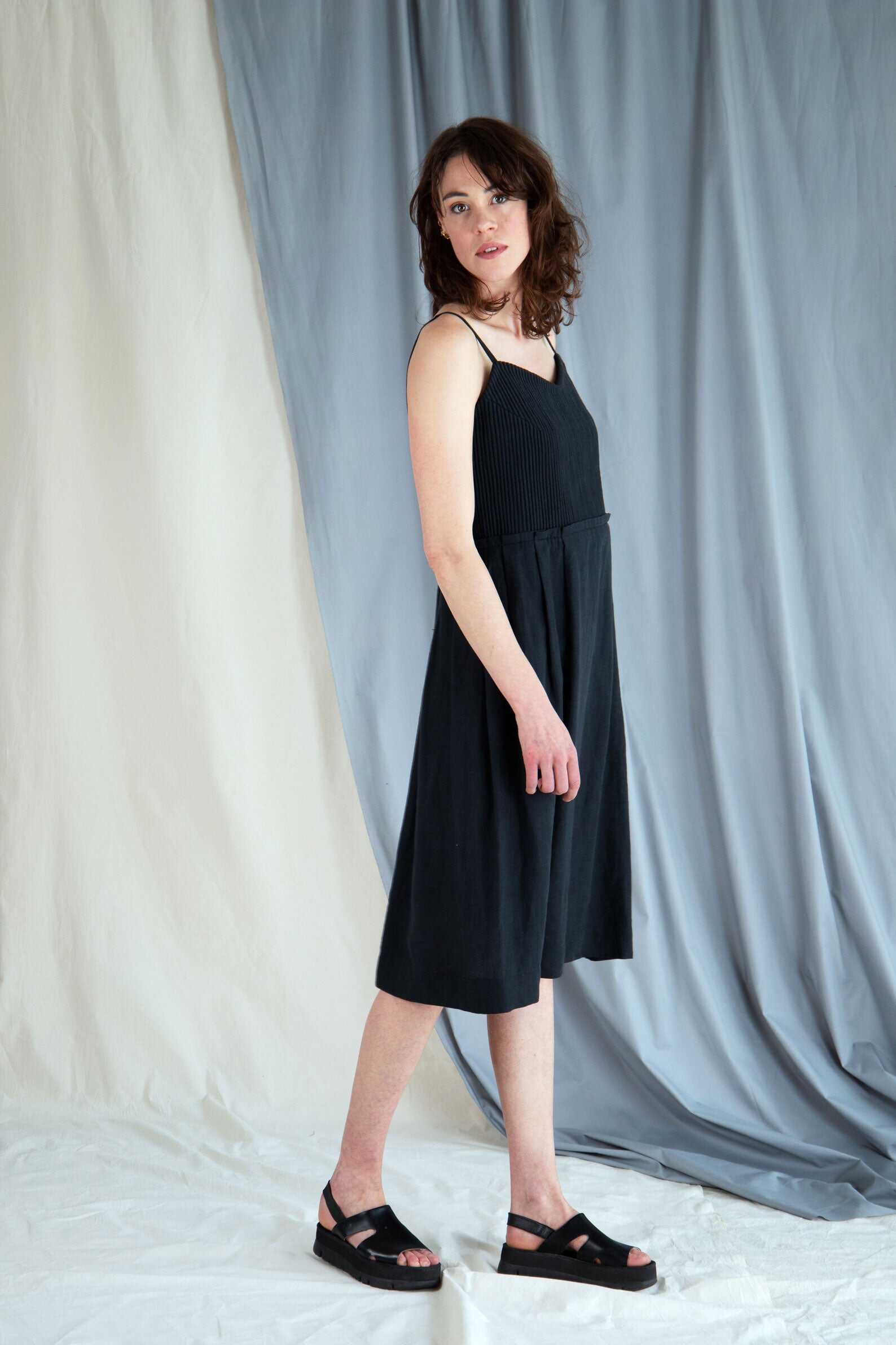 Corded linen midi dress - Black