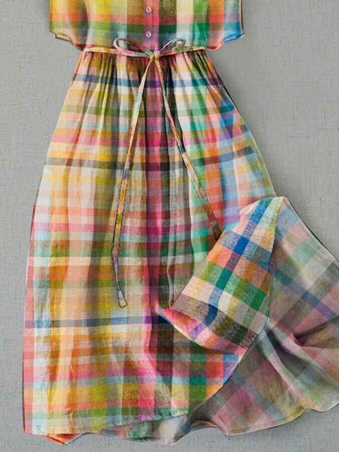 Stylish Casual Plaid Tie Dress With Pockets
