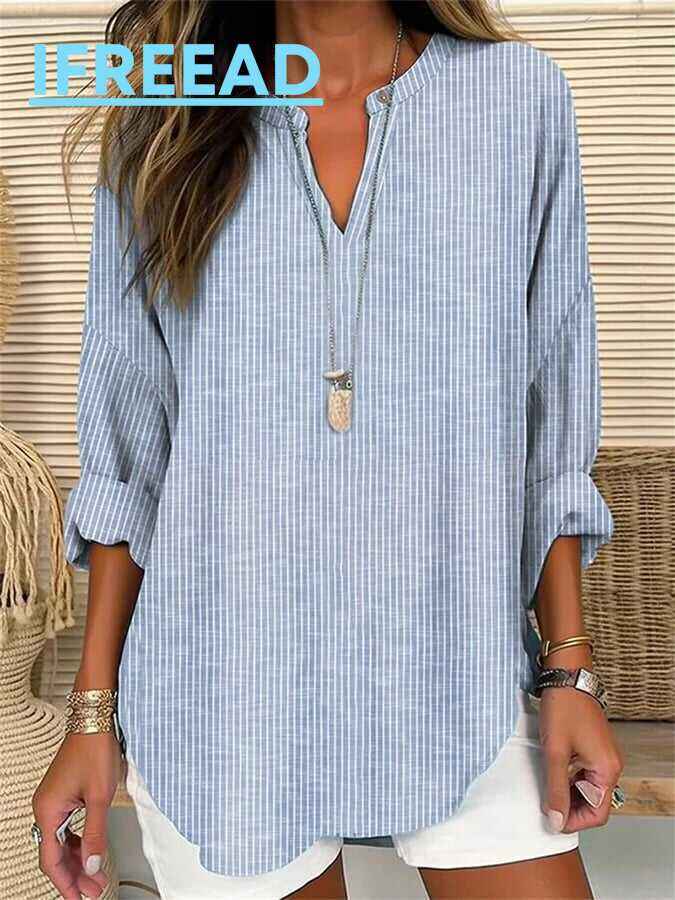 Women's Long Sleeve v-Neck Solid Color Loose Striped Shirt