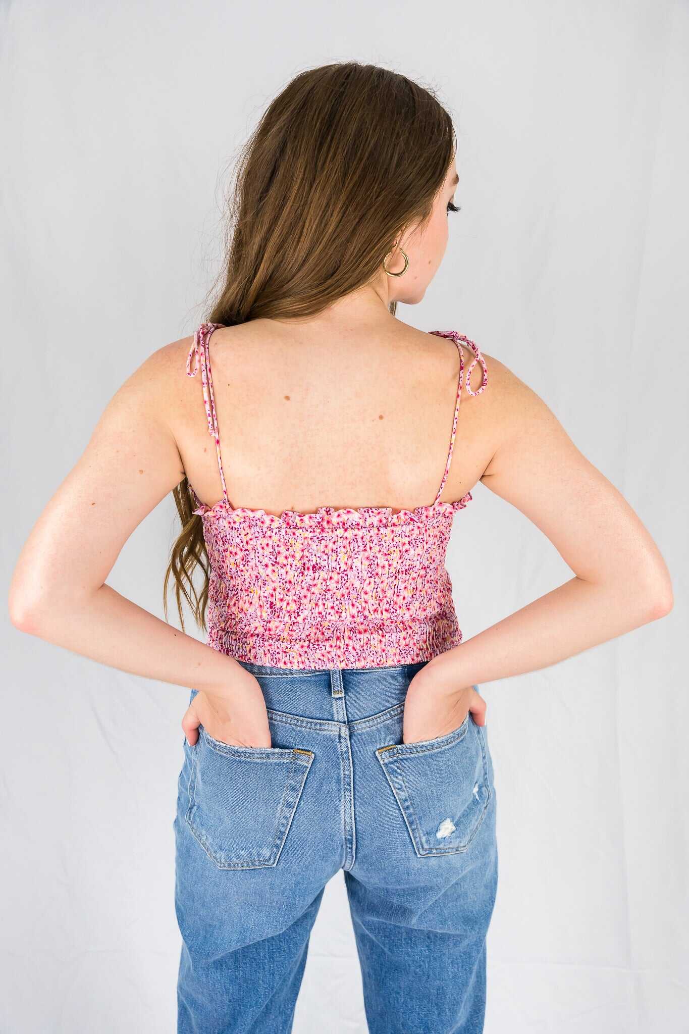 Pink Floral Smocked Crop Cami - SALE