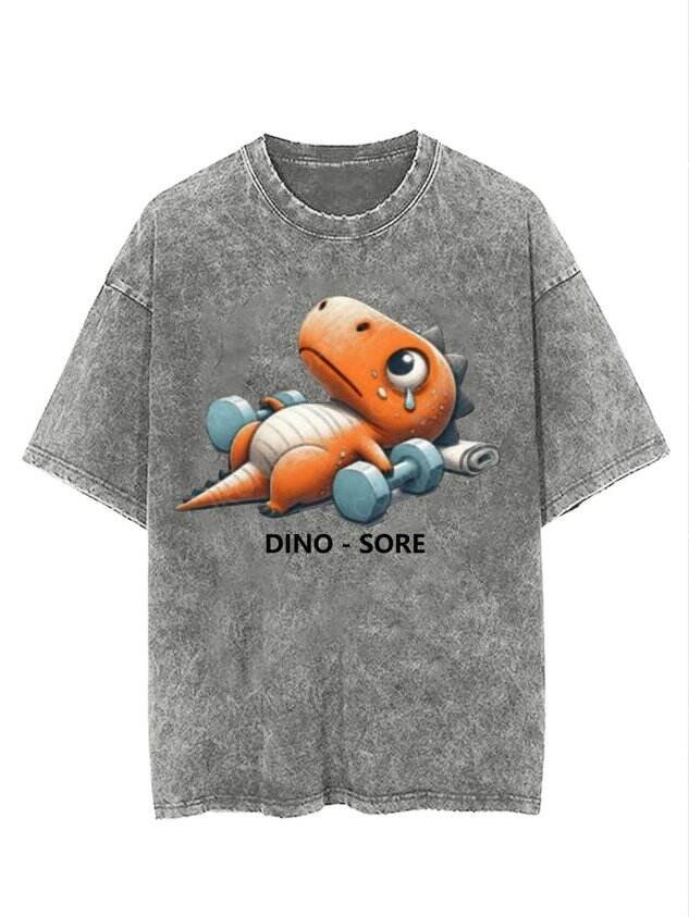 🦖 Funny Dinosaur Fitness Print Washed T-Shirt