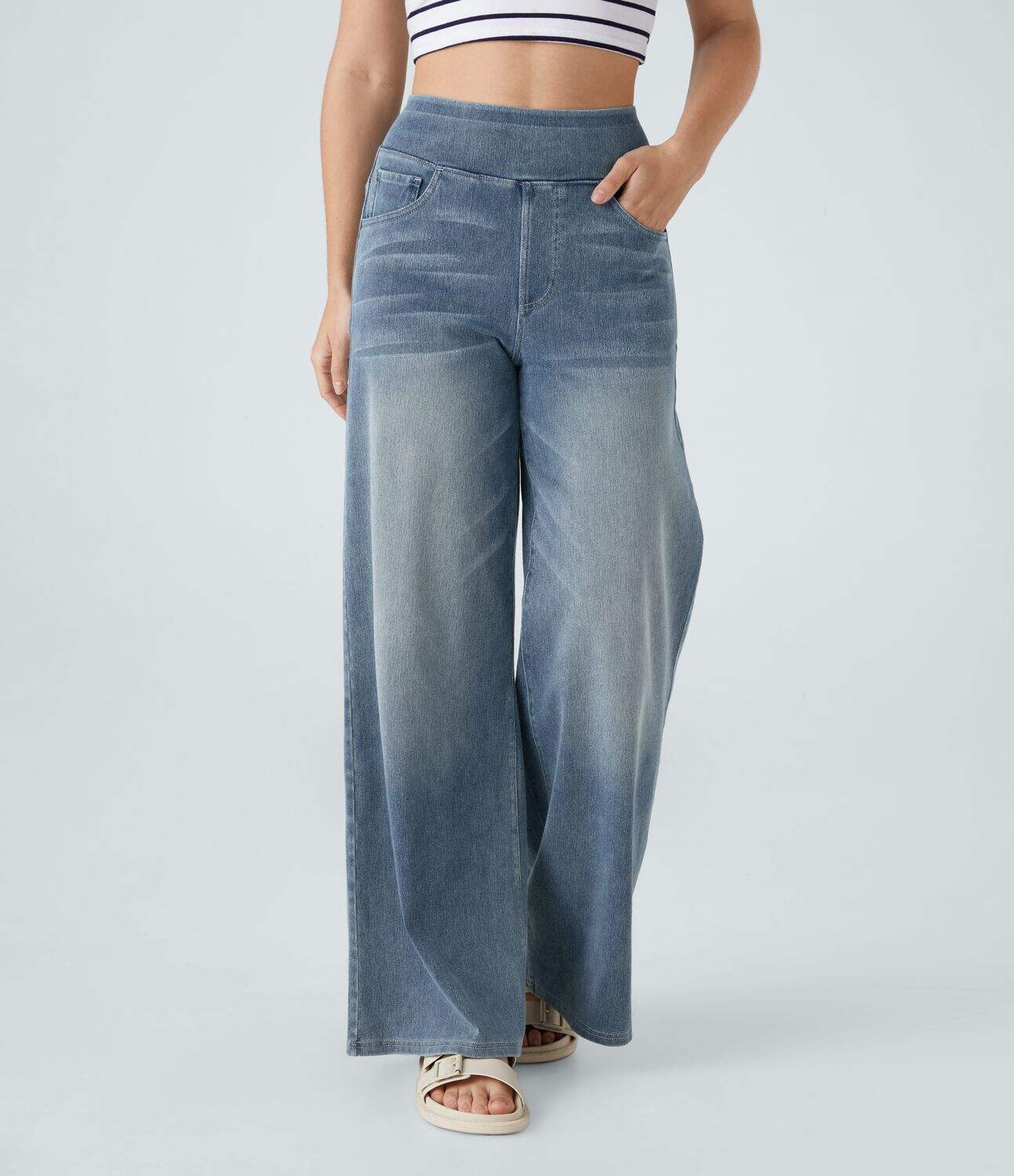 High Waisted Multiple Pockets Wide Leg Washed Stretchy Knit Casual Jeans