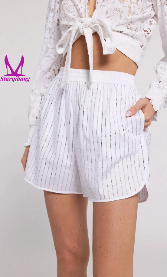 White Striped Crystal Shorts