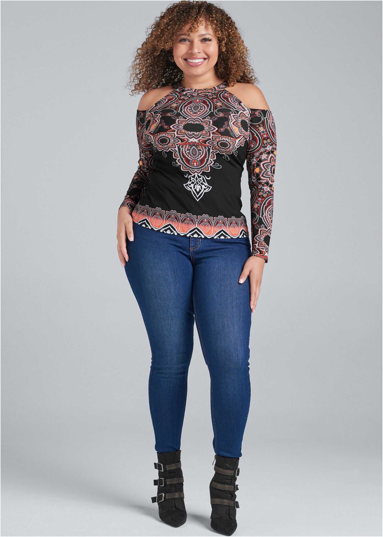 Paisley Cold-Shoulder Top - Black Multi