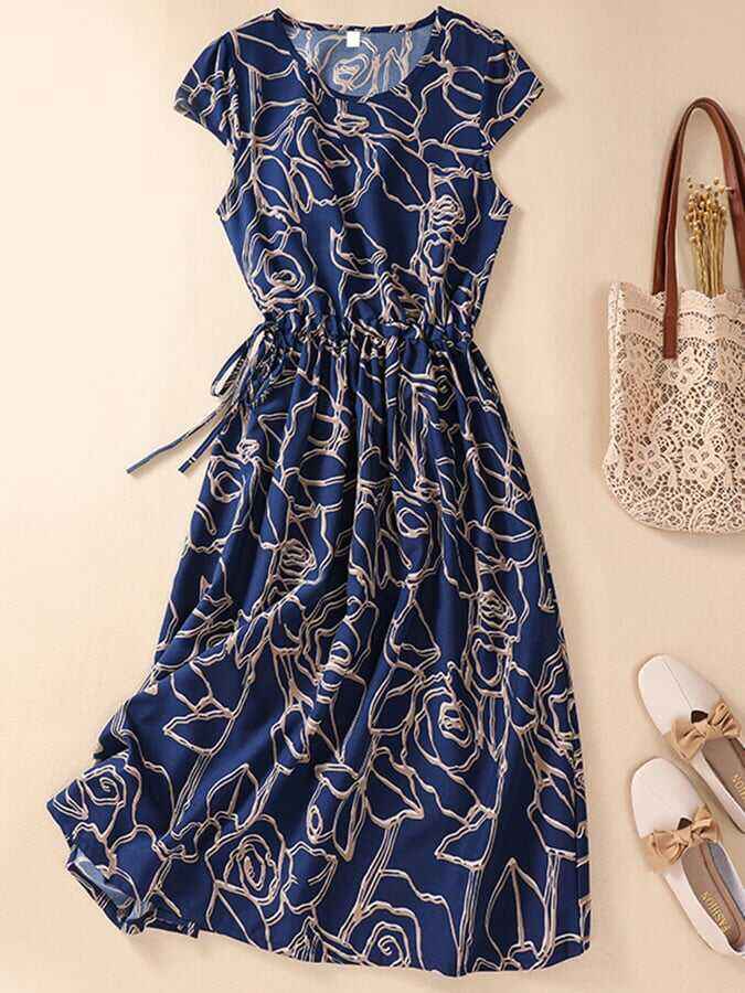 Cotton And Linen Printed Mid-Length Tie-Waist Round Neck Dress