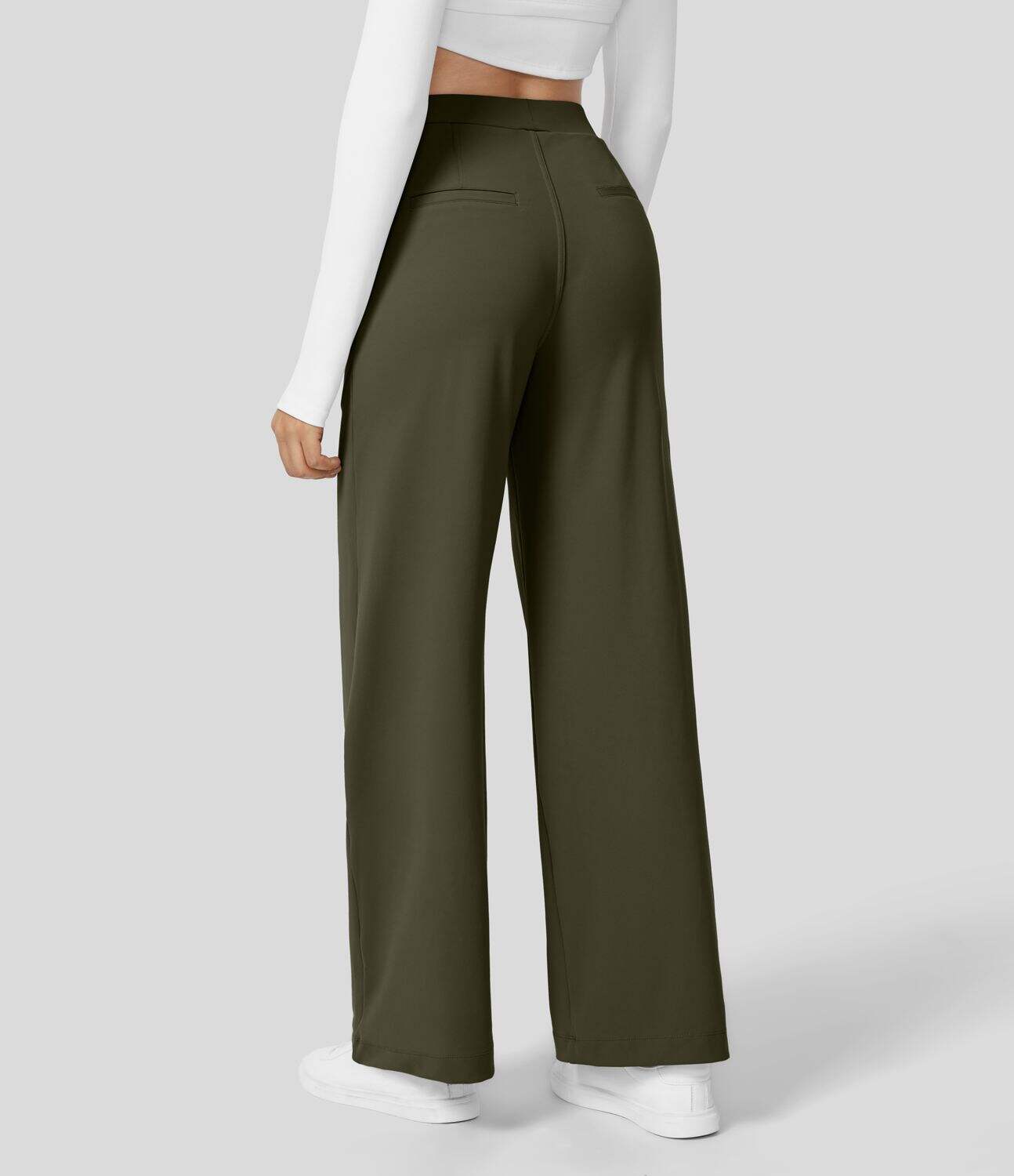 High Waisted Plicated Side Pocket Straight Leg Work Pants
