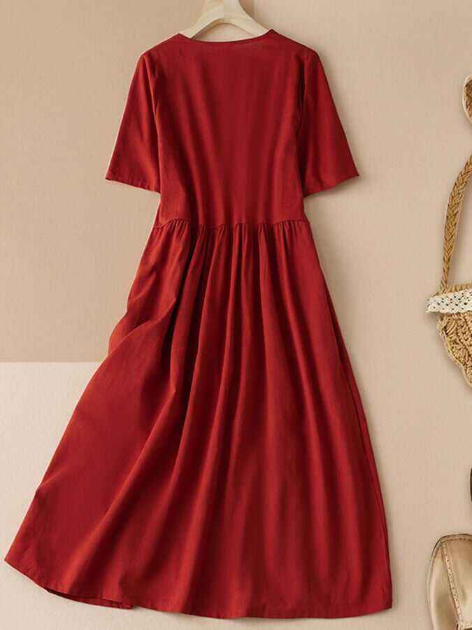 Cotton And Linen Loose Accordion Pleats Design Sense Waist Slimming Mid-Length Dress