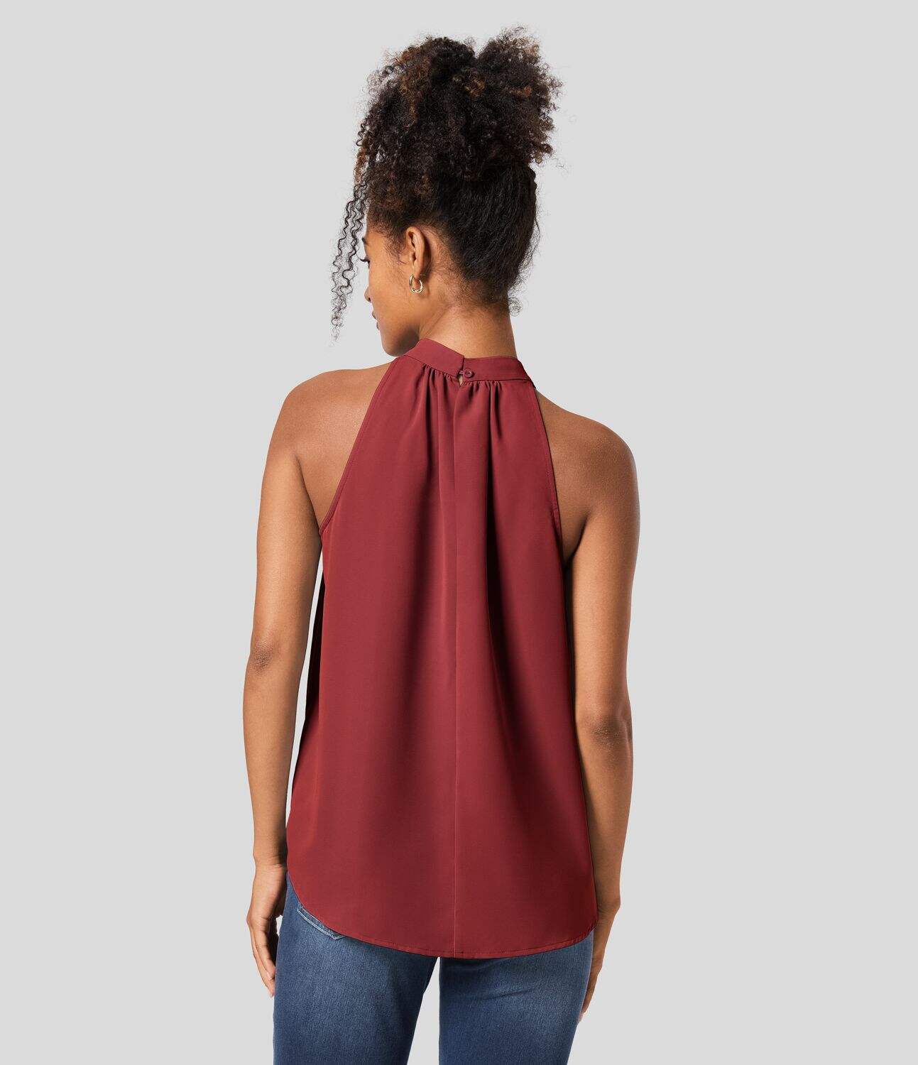 Keyhole Back Halter Plicated Sleeveless Curved Hem Work Blouse