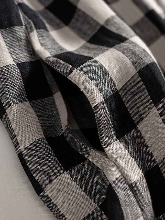 Polo Neck Short Sleeved Plaid Linen Shirt Skirt