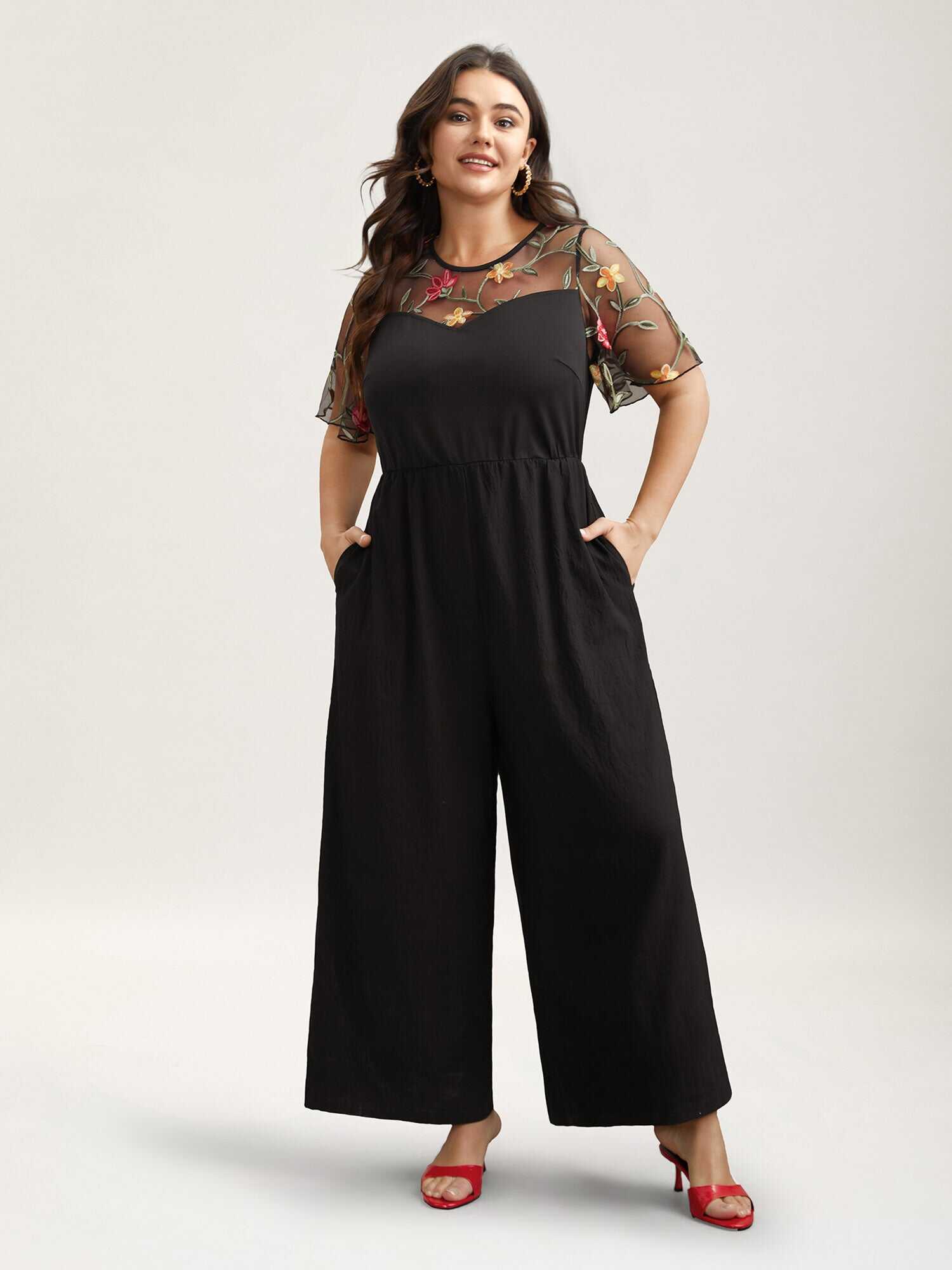 Floral Mesh Embroidered Flared Jumpsuit