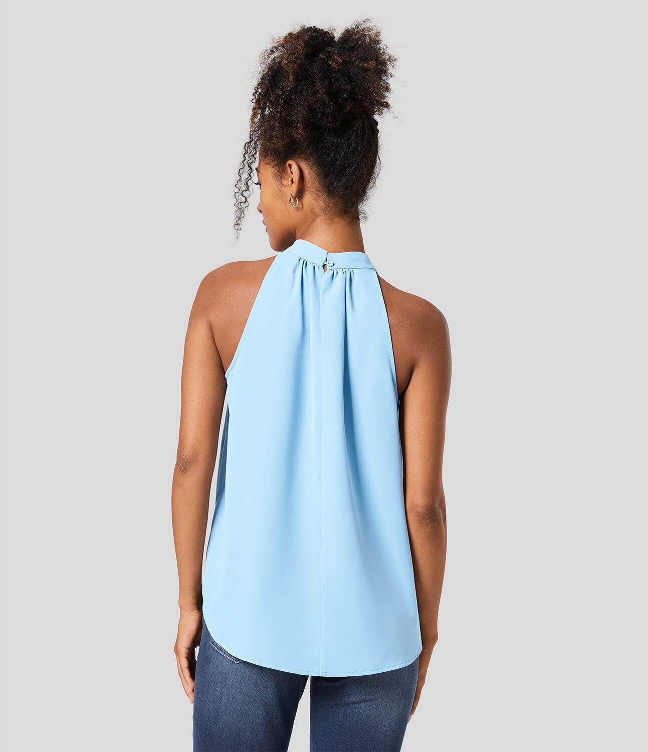 Keyhole Back Halter Plicated Sleeveless Curved Hem Work Blouse
