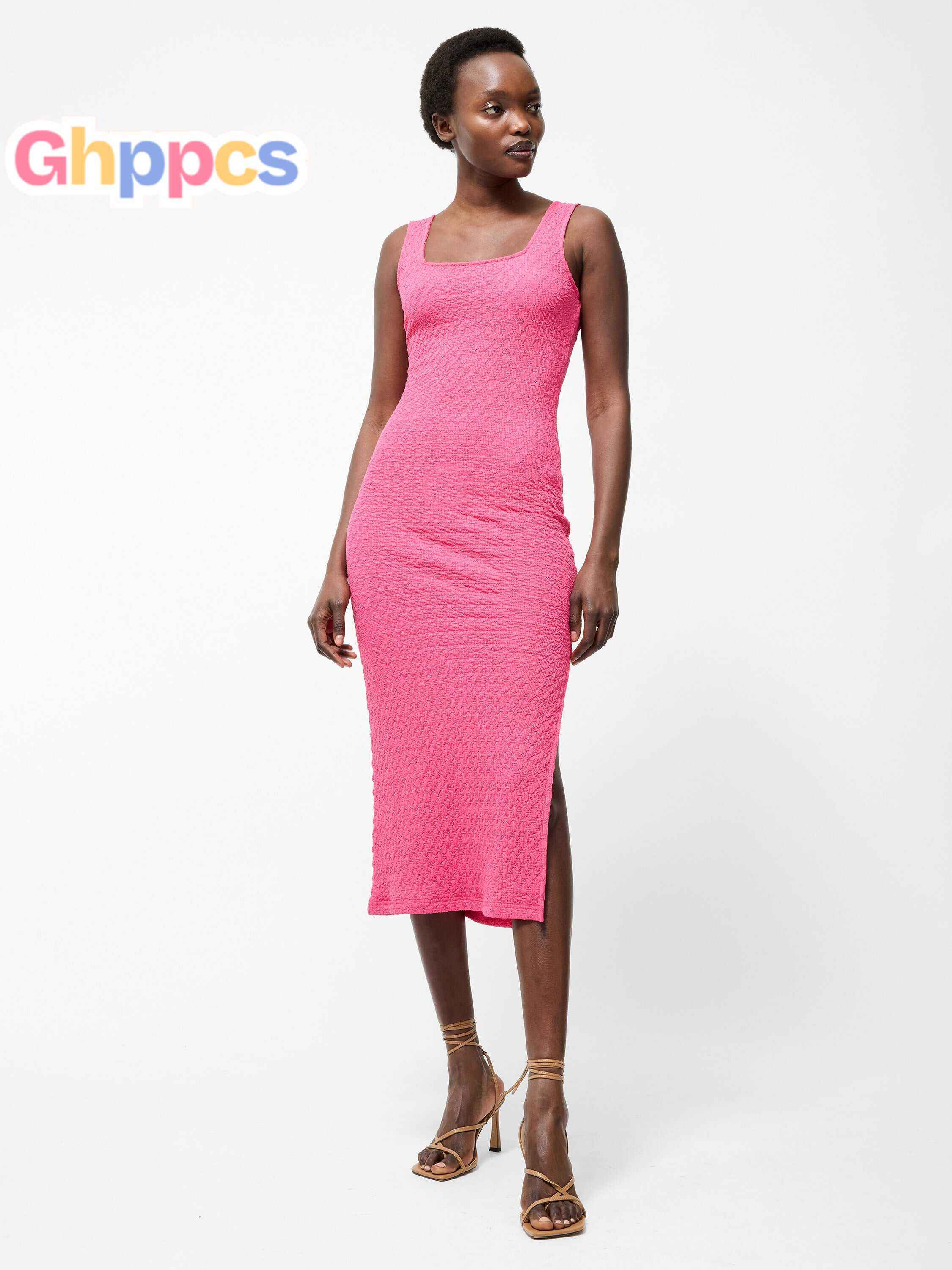 Textured Square Neck Midi Dress