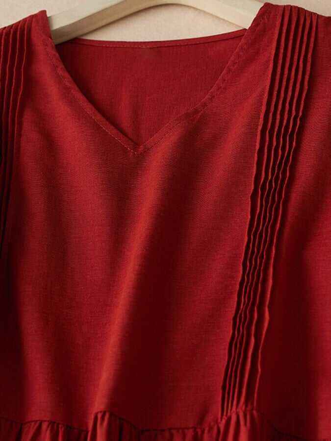 Cotton And Linen Loose Accordion Pleats Design Sense Waist Slimming Mid-Length Dress
