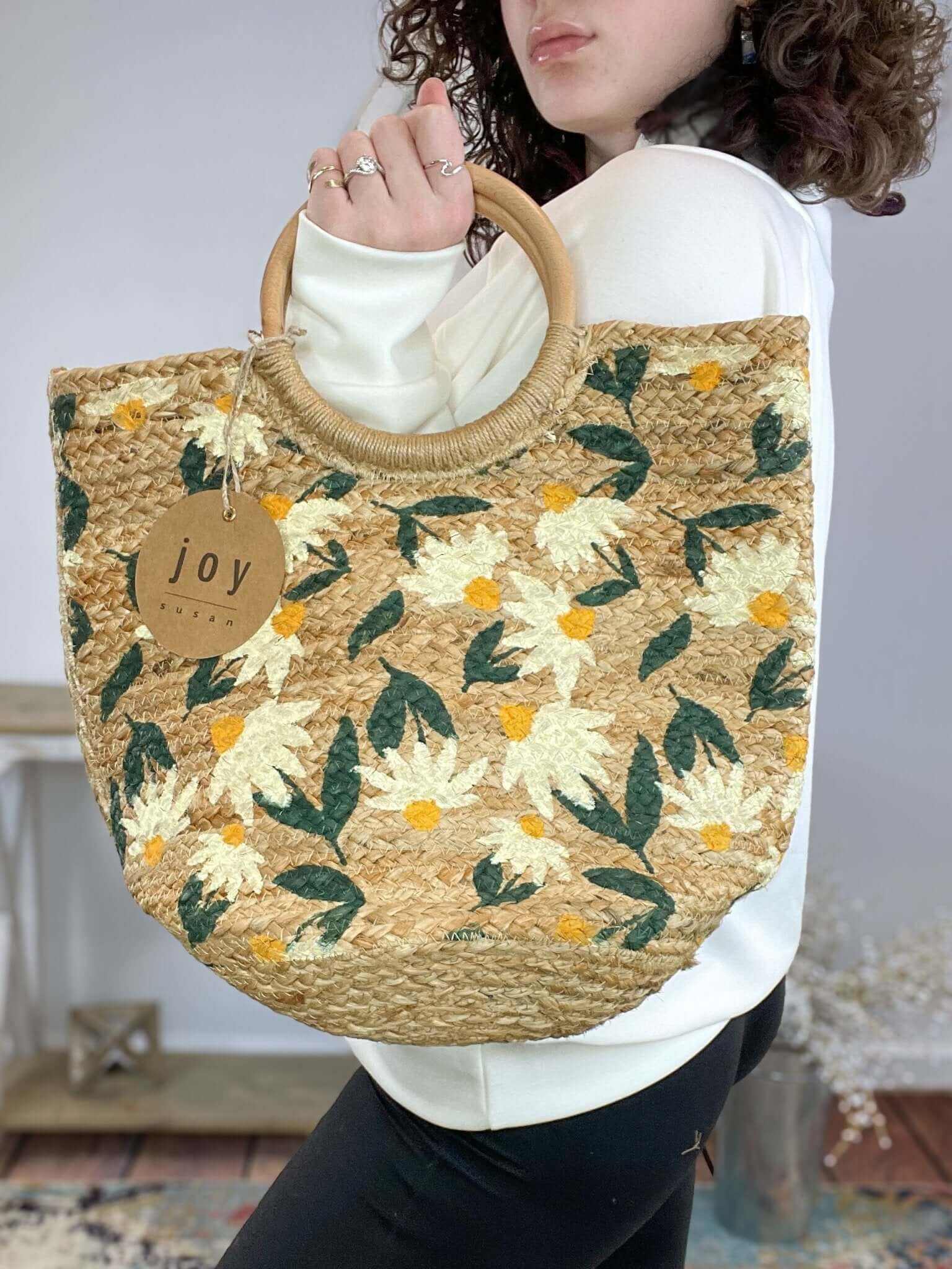 Daisy Painted Alani Jute Circle Wood Handle Tote Bag