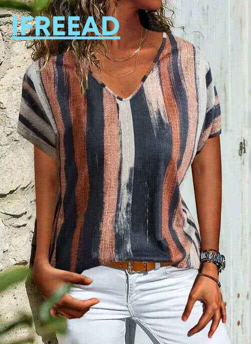 Stripes V Neck Basic Shift T-shirt