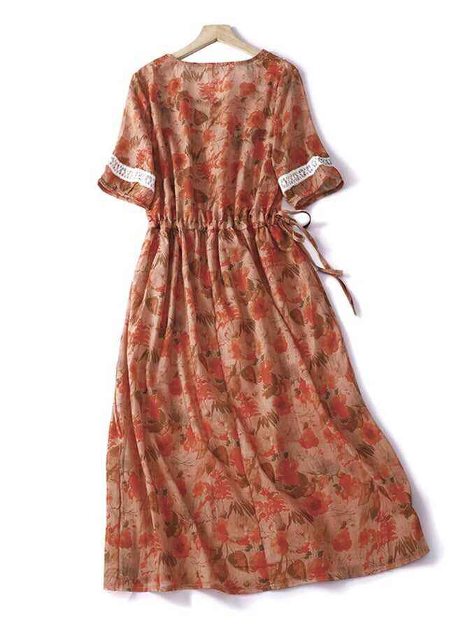 Orange Flower Lace Stitching Ramie Mid-Length Skirt With Narrow Waist