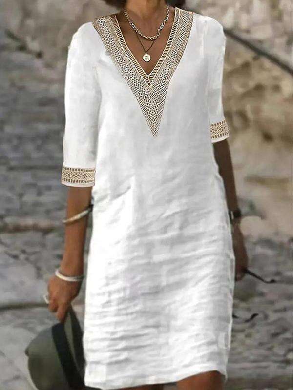 Solid Color V-neck Mid-sleeve Cotton and Linen Casual Dress