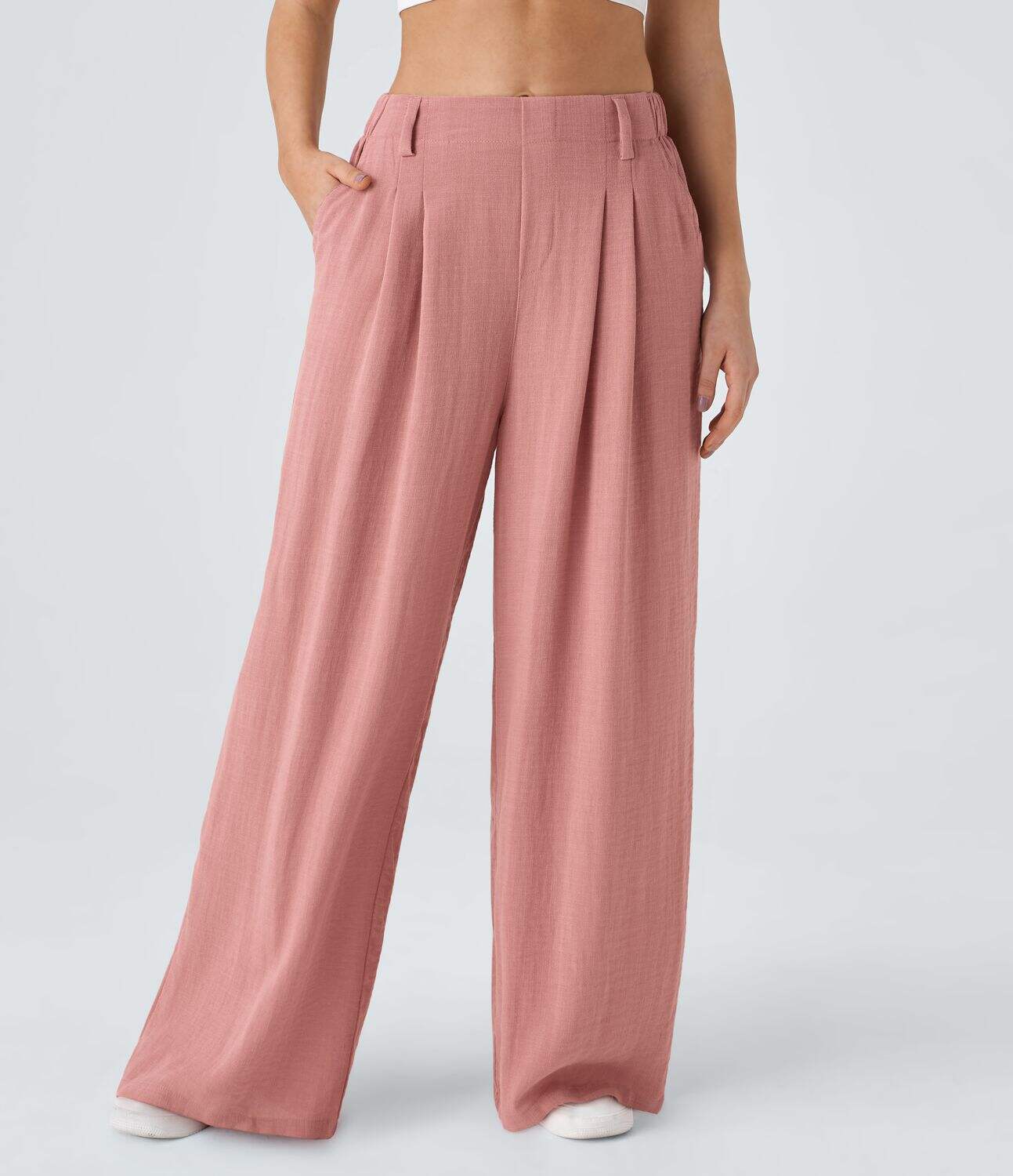 High Waisted Plicated Side Pocket Wide Leg Flowy Solid Palazzo Casual Linen-Feel Pants