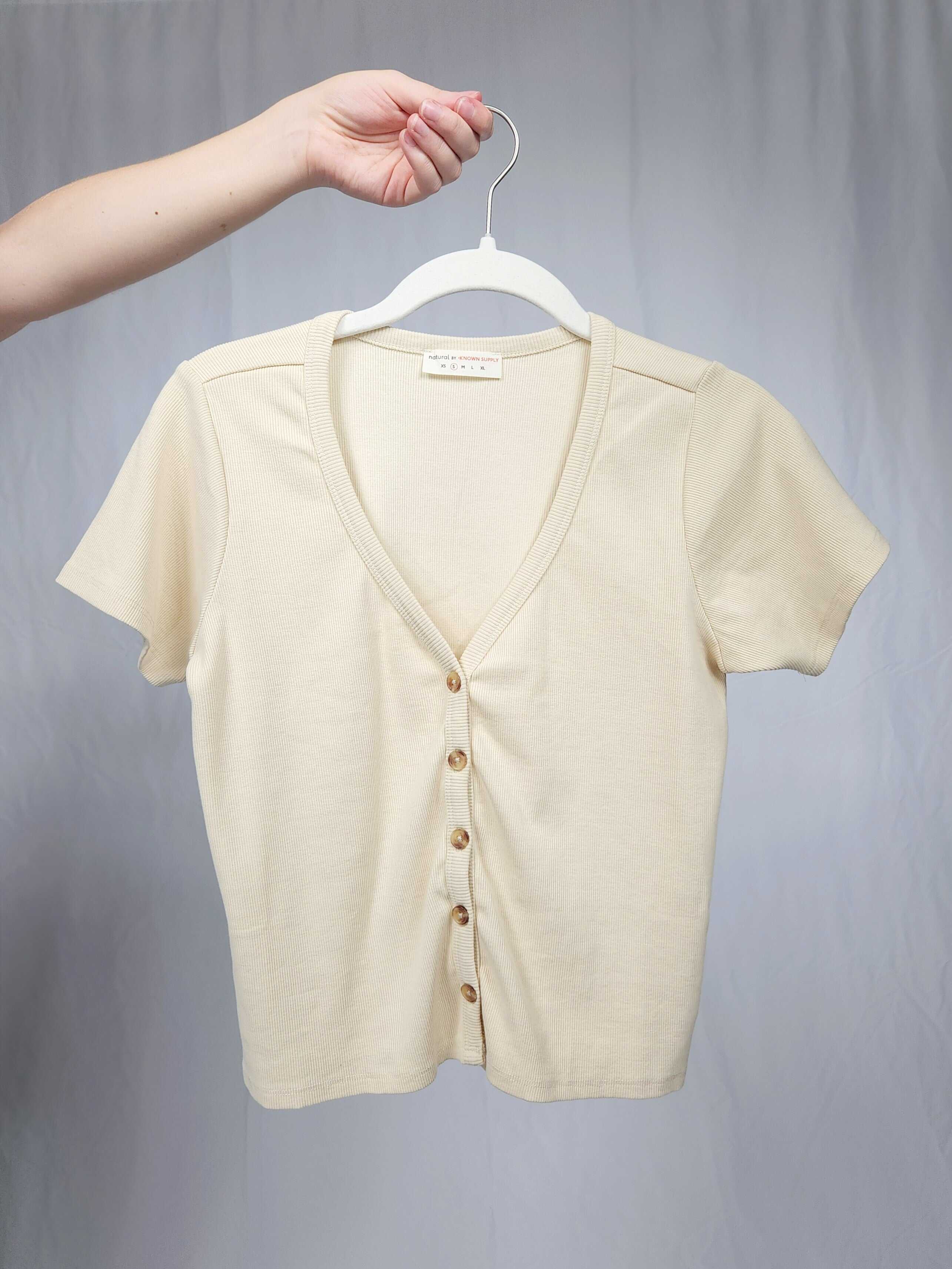 Short Sleeve Button Front Rib Top