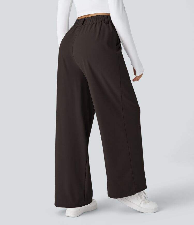 High Waisted Plicated Side Pocket Wide Leg Waffle Work Pants