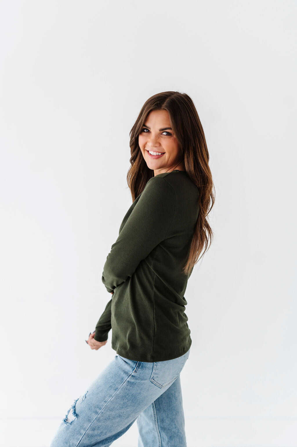 Kori Basic Ribbed Top in Olive - Size Small & X-Large Left